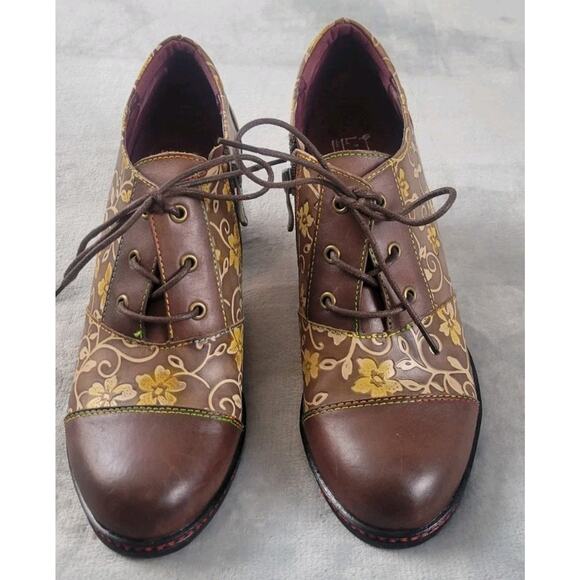 L'ARTISTE SPRING STEP OXFORD Lace Up EUR 41 Brown leather Floral Heel Shoes Zip - Picture 3 of 11